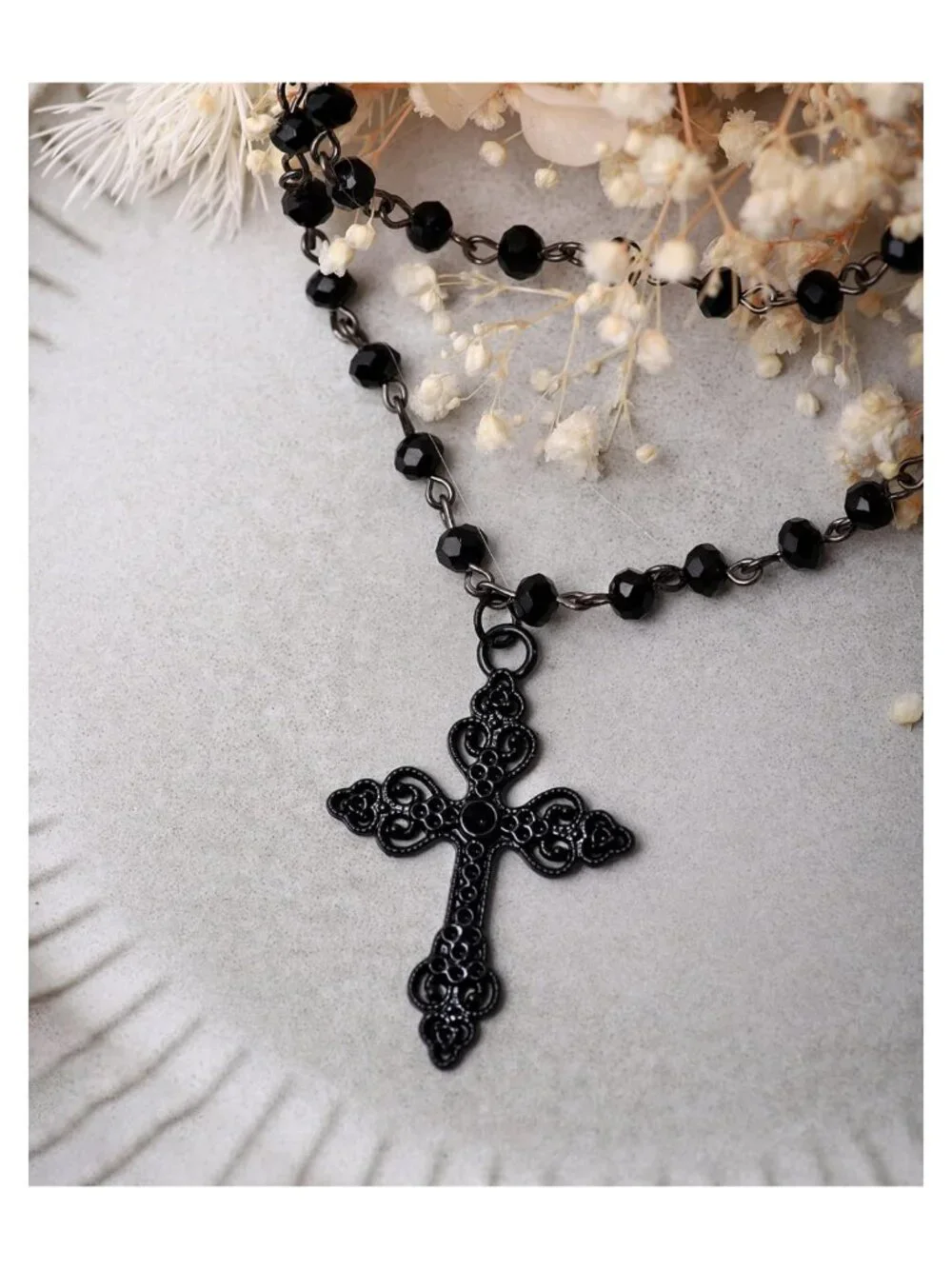 Layered Black Beaded Cross Choker Gothic Punk Grunge Necklace